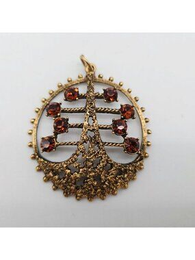 Gold Tone Filigree Pendant 8 Amber Rhinestones & Nuggets 1970s Vintage 2"